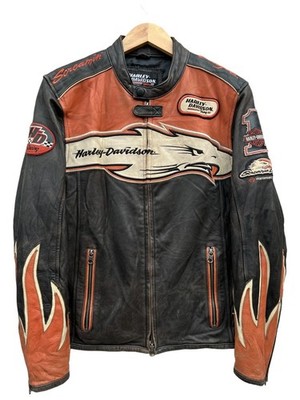 Handmade Harley Men Orange Screaming Eagle Style Davison Cowhide Leather Jacket