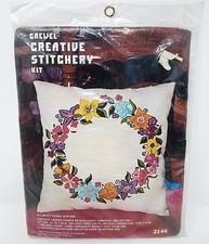 Retro 1975 Creative Stitchery Floral Garland Wreath Crewel Pillow Cover Kit 2146