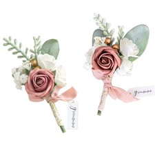 2 PCS Men Wedding Boutonniere Artificial Flowers Groom Groomsmen Dusty Rose