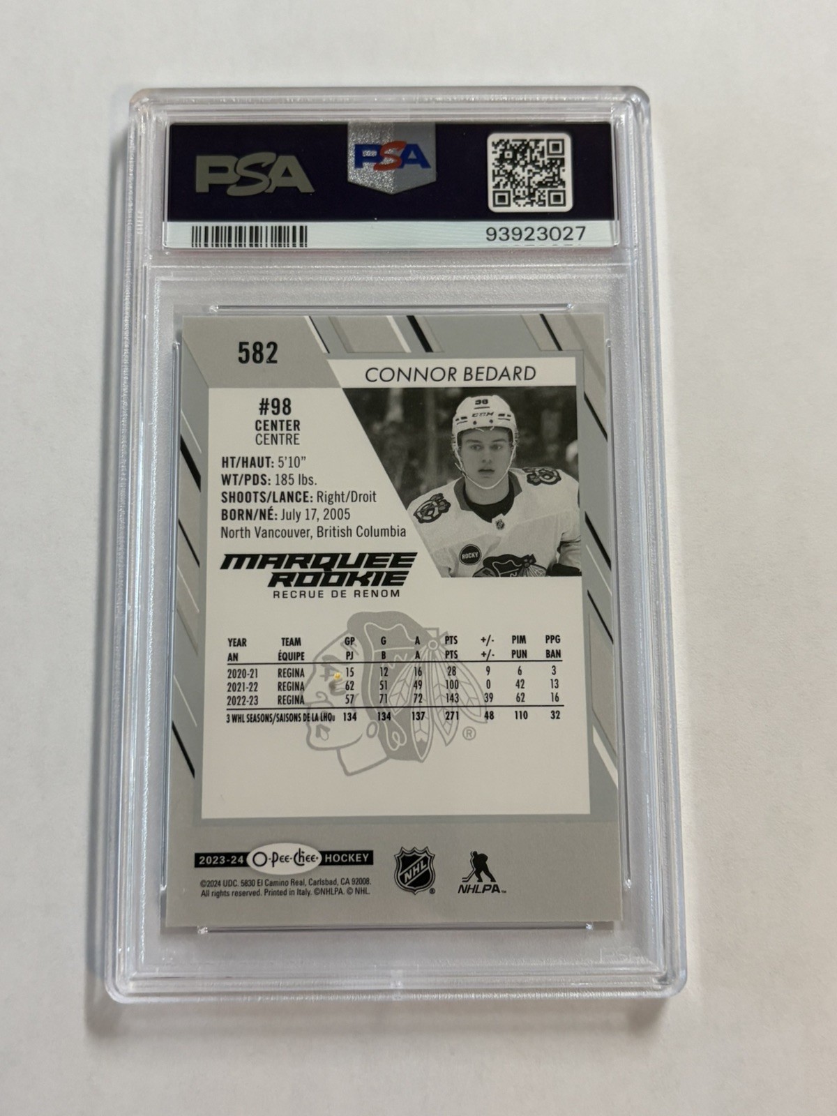 O-Pee-Chee 2023-24 Marquee Rookie Connor Bedard Blackhawks RC #582 PSA 10 view 2