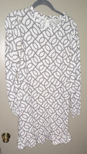 LOFT White Black Pink Floral Shift Dress V-Neck Puff Sleeve Ruffle Zip Size 4