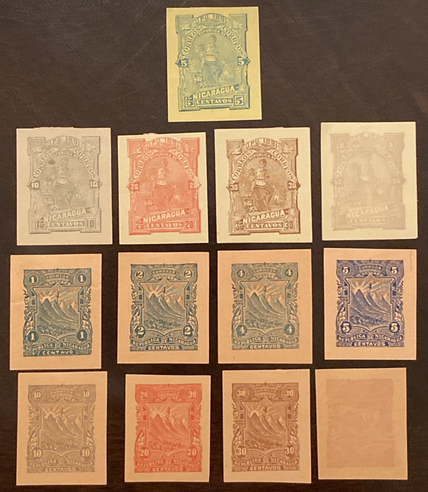 NICARAGUA EARLY POSTAGE STAMP WRAPPERS-CUT CORNERS-CUTOUTS UNUSED (13)