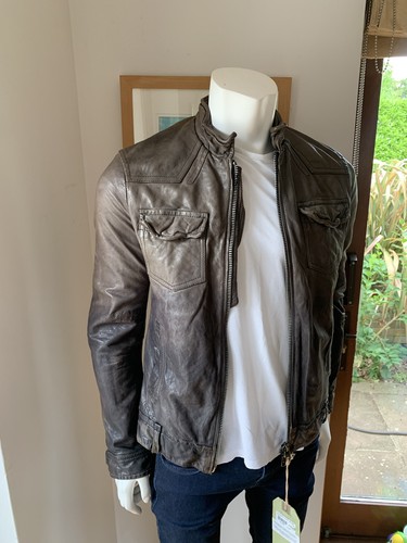 All Saints Mens PROPAGANDA Leather Bomber Jacket Medium Biker Dip Dye - Picture 2 of 20