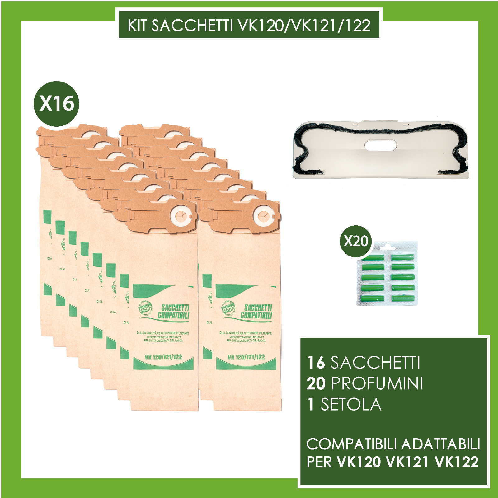 KIT FOLLETTO VORWERK MOD 120 121 122 CON 16 SACCHETTI 20 PROFUMINI 1 SETOLA