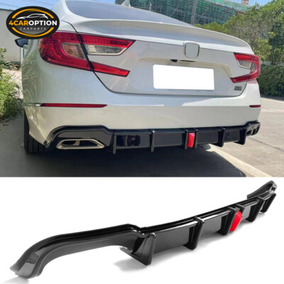 Fits 18-22 Honda Accord Rear Bumper Lip Diffuser 3PCS Gloss Black PP w/ LED