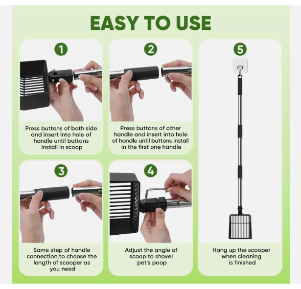 Long Handle Cat Litter Scoop Detachable & Adjustable Metal Scooper with