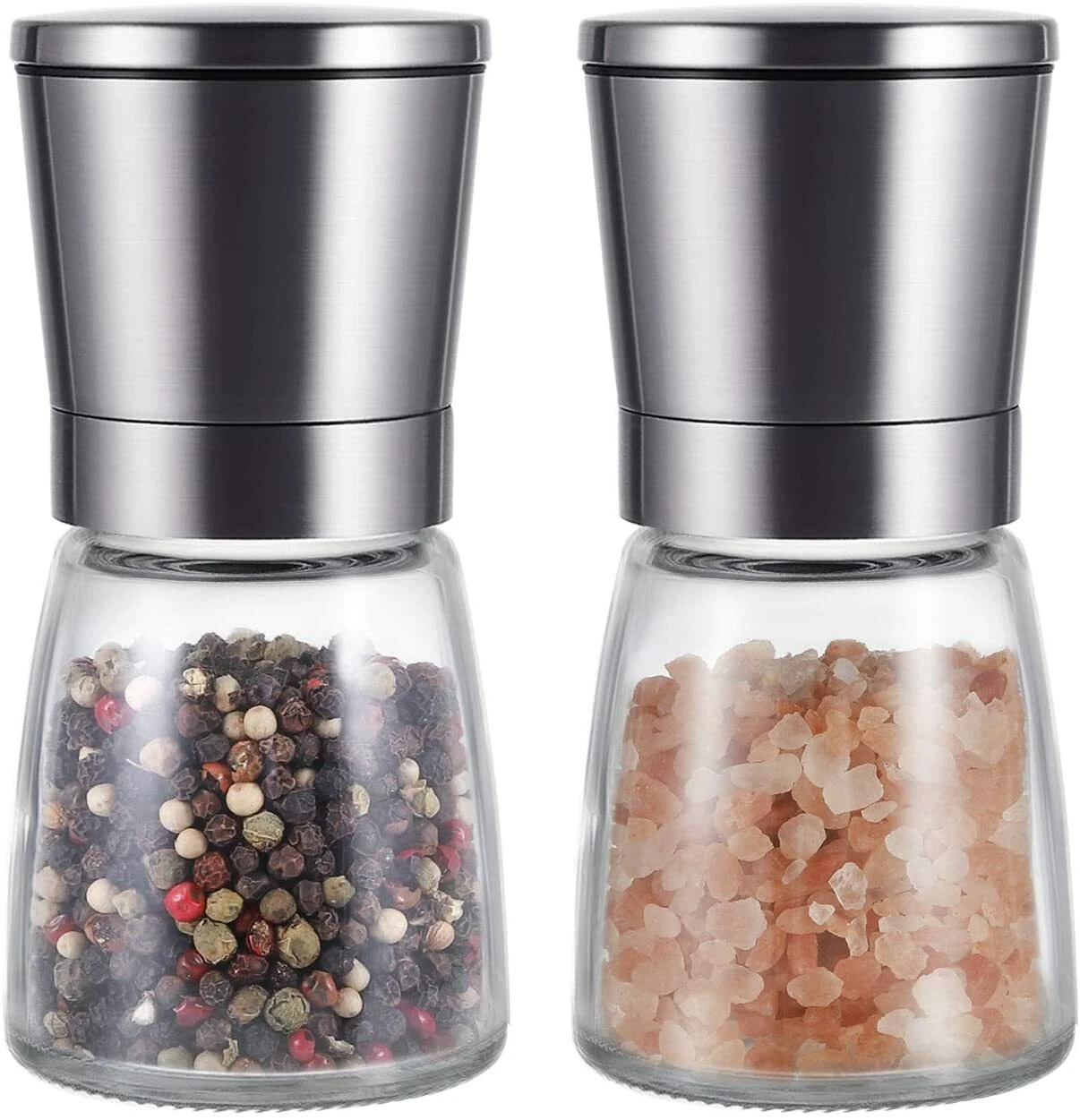 Salt & Pepper Grinder Mill Set Stainless Steel Glass Clear Adjustable Coarseness