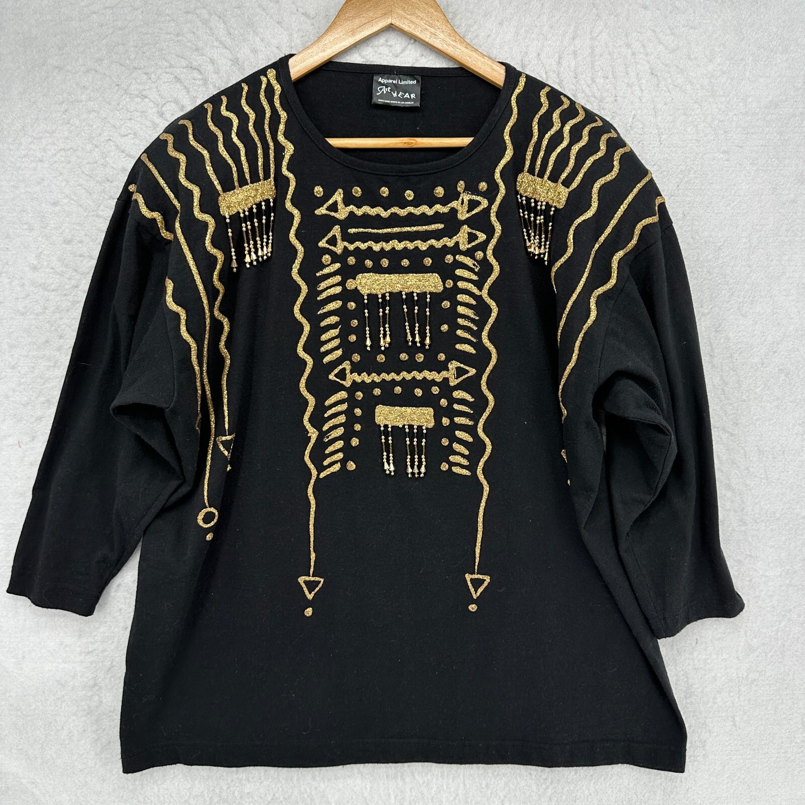 VTG Limited ArtWear Gold Tribal Embellished 3/4 Sleeve Top Women One Size