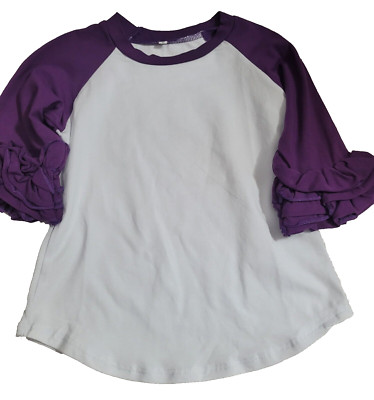 Girl's Icing Ruffle Raglan Shirt-White & Purple Top-3/4 Ruffle Sleeves-Size 2