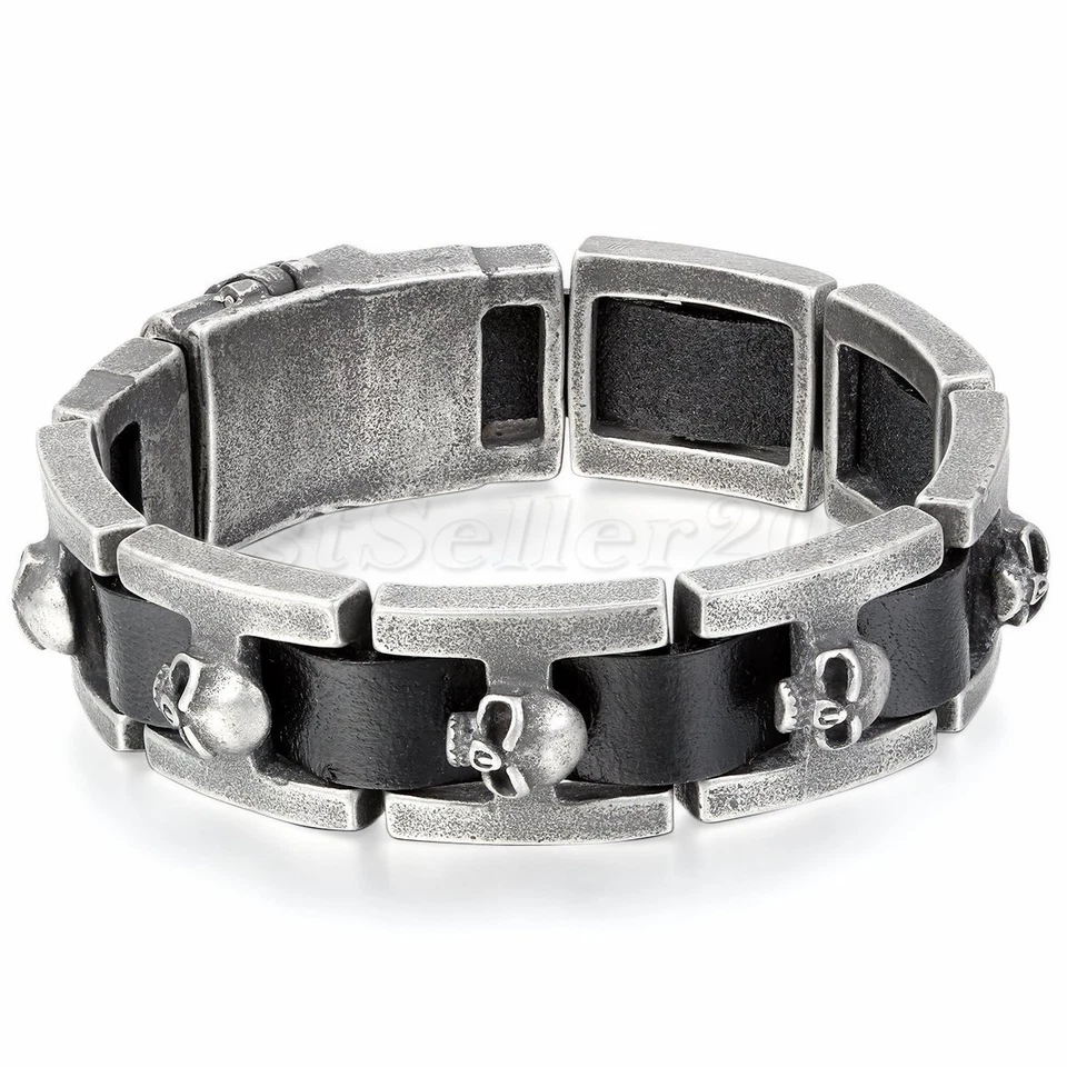 Brazalete brazalete de motociclista de cuero genuino negro calavera de acero inoxidable pesado de 19 mm para hombre Foto 2 de 4