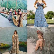Indian Silk Dress Summer Hippie Halter Long Silk Sari Beach Dress Wholesale 1pcs