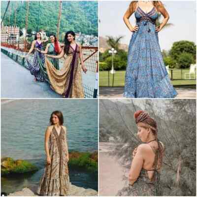 Indian Silk Dress Summer Hippie Halter Long Silk Sari Beach Dress Wholesale 1pcs