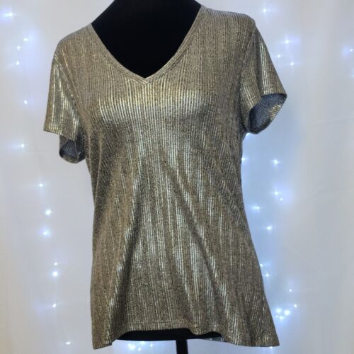 White House Black Market Short Sleeve Silver Metallic Shell Top Medium WHBM EUC