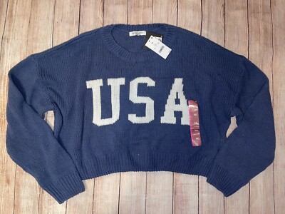 Women's XXL USA Blue Cropped Knit Pullover Sweater NWT