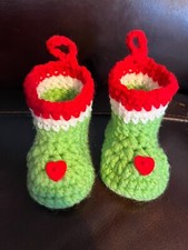 Grinch Heart Inspired Handmade Knit Baby Booties Slippers Holiday 0-6 Months New