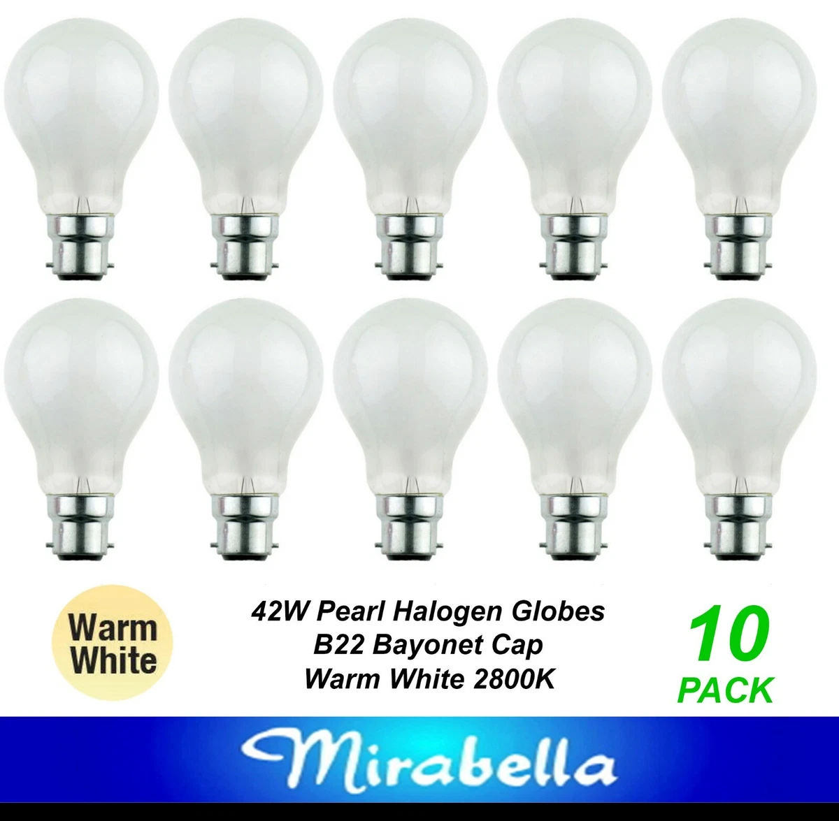 10 Pack 42W 60W Pearl Light Globe Bulb B22 Bayonet Halogen Warm White Dimmable