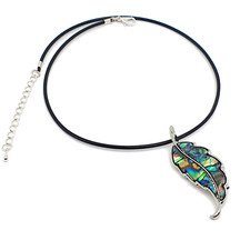 Brooch Necklace Paua Leaf Black Leather Collar Rainbow Abalone Shell Pendant
