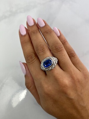 Art Deco Cushion Sapphire Diamond Platinum Ring 5.30 CTW GIA Certified Natural