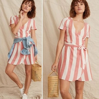 Marine Layer Frances Wrap Dress Poppy Red & White Striped Wrap Dress, Size L NWT
