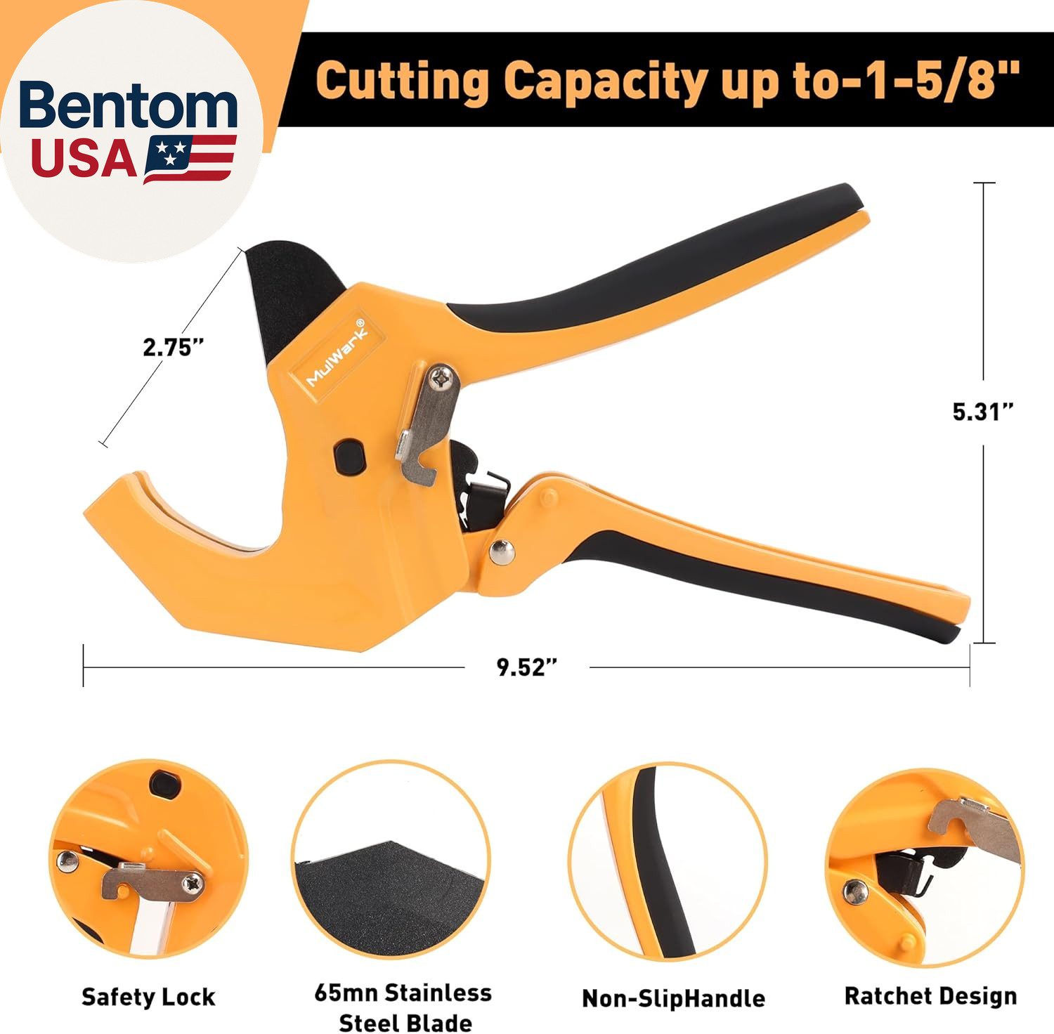 PVC Pipe Cutter Tool Cuts up to 1-5/8", Heavy-Duty Aluminum Ratchet Cutter with 