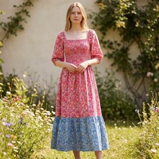 House of Harlow 1960 Floral Smocked Puff Sleeve Midi Dress Womens S pink blue