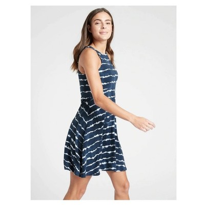 Athleta Santorini Thera Dress Small Navy Blue Tie Dye Stripe Mini Summer Beach