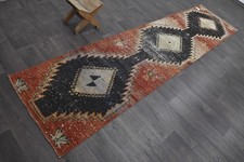 Vintage Turkish Runner Rug 2x10ft Wool Anatolian Handmade Hallway Oushak RED