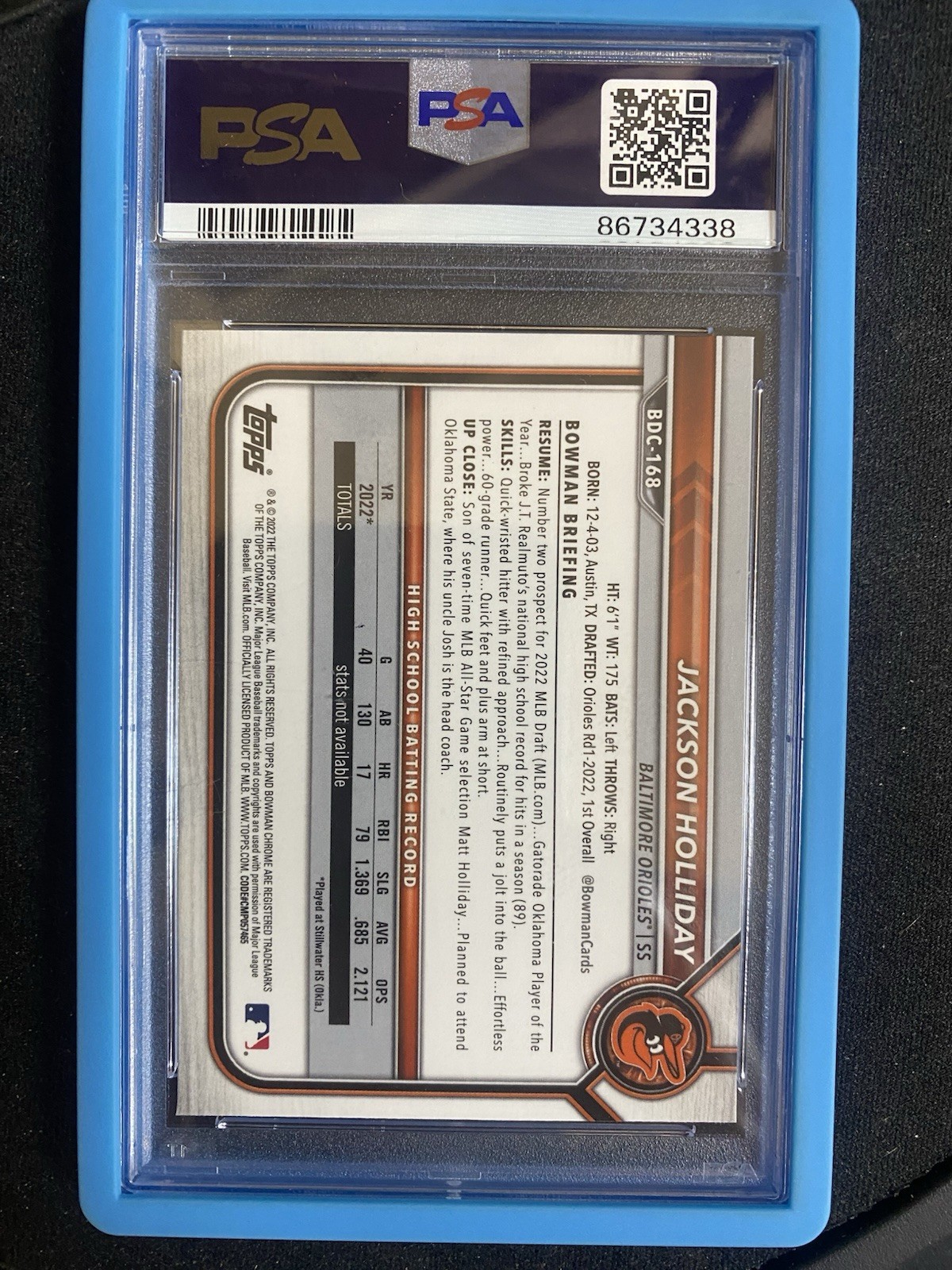 2022 Bowman Chrome Draft Sapphire Edition - Jackson Holliday #BDC-168 (RC) PSA 9 view 2