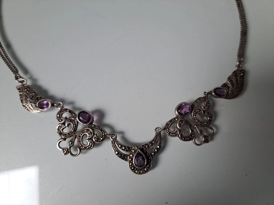 Pregiato,Vecchio Collier,Catena,925 Argento Con Ametiste E Marcasite - Immagine 3 di 4
