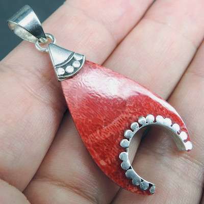 925 Sterling Silver Teardrop Shape Natural Red Coral Pendant Jewelry, RCP-252