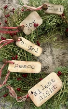 5 Primitive Stained Christmas Hand Stamped Tags Ornaments Gifts Grubbied