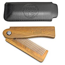 Folding Beard Comb w/Carrying Pouch for Men - All Natural Wooden Beard Comb