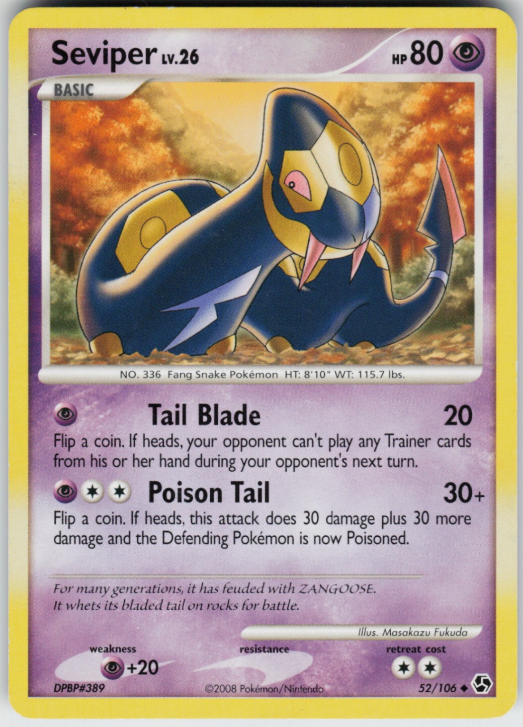 Pokemon TCG Seviper 52/106 Great Encounters Uncommon card Normal HP