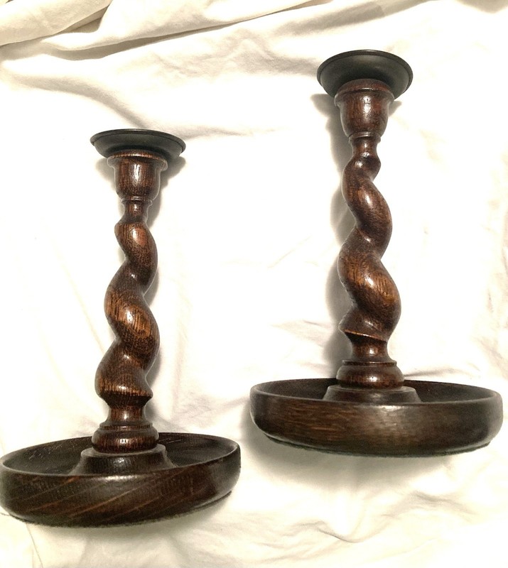 Pair Antique early 1900’s Barley Twist Wooden Candle Holders Classic Spiral 8”