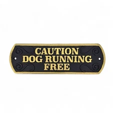 Cast Iron Dog Warning Sign – Caution Dog Running Free Black & Gold Wall Plaque