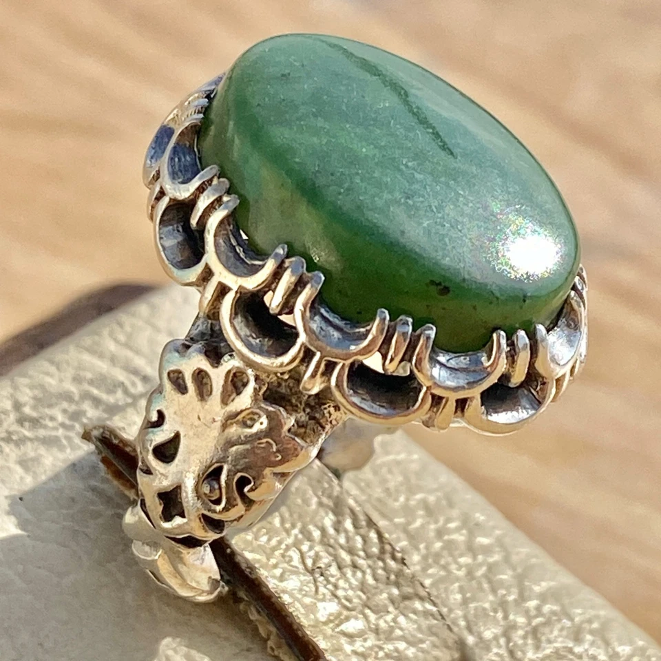 Anillo pesado único de plata de ley 925 para hombre jade verde natural jadeíta Foto 3 de 4