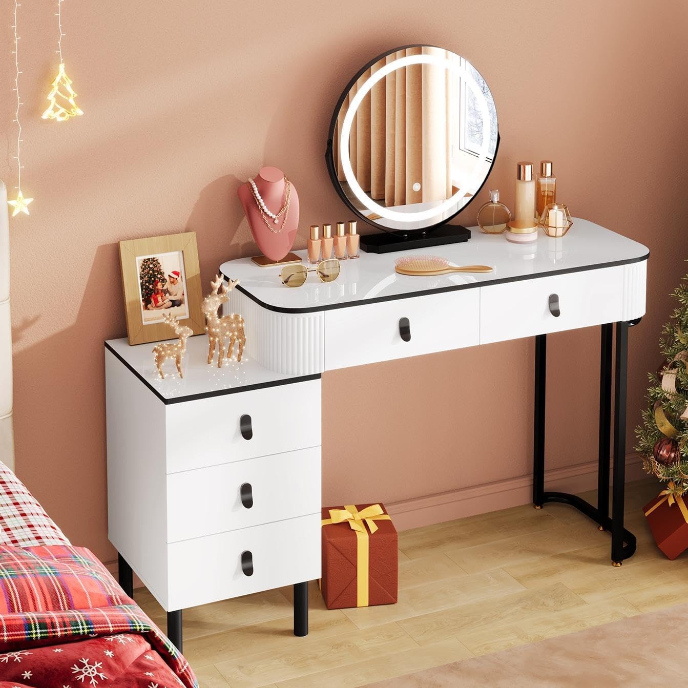 Panana Dressing Table with Led Lights Mirror Adjustable Brightness, Vanity Makeup Table with 2 Drawers (BK-08) 21 Dressing Table With LED Lights Dimmable Mirror Vanity Makeup Table 5 Drawers UK