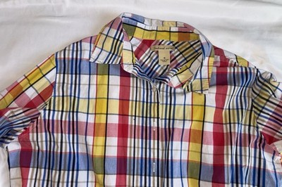 Béchamel Colorful plaid striped long Slv roll tab button Up cotton shirt 1X EUC