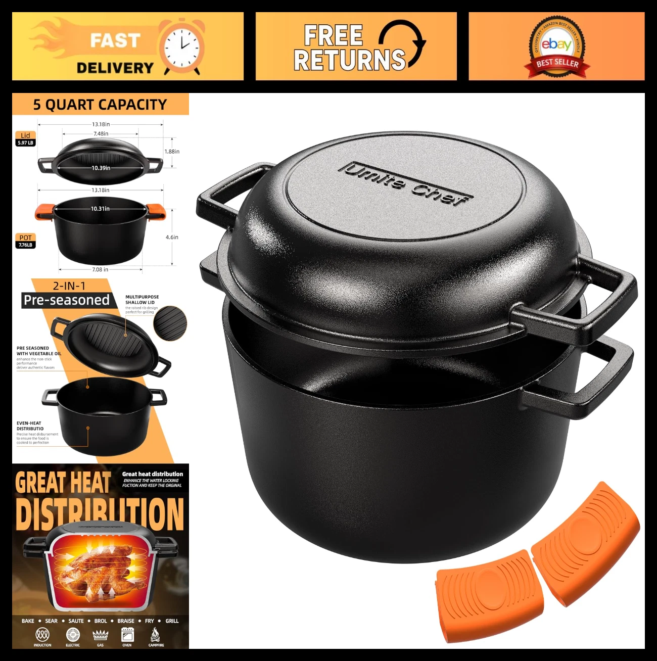 Pre-Seasoned Cast Iron Dutch Oven & Skillet Lid - 5QT, Non-Toxic, Oven Safe, Dua