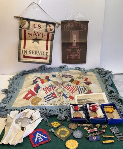 WW2 WWII Vintage U.S. Military Insignia Medal Lot Flag Pins Dog Tags Navy