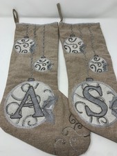 Personalized Christmas Stocking Beige Silver Initial A S Embroidery Beading