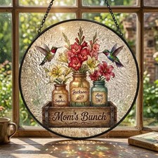 Personalized Mom Garden Stained Glass Suncatcher, Birth Flower Window Decor Gift