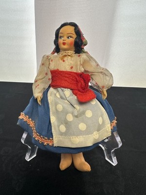 VINTAGE 1960s Lenci (?) 6'' Handmade Girl Doll w Apron & Blue Felt Dress - Italy