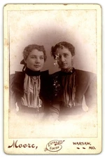 Cabinet Card Circa 1890s Moore Two Young Women Victorian High Collar Warsaw Mo