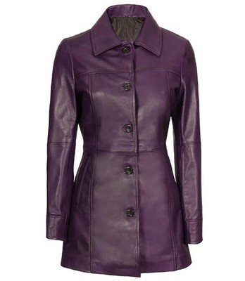Women New Slim Fit Costume Real Lambskin Purple Leather Winter Car Trench Coat
