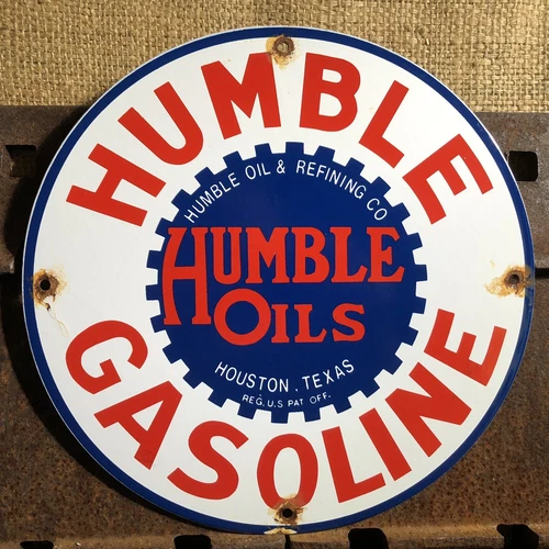 VINTAGE HUMBLE GASOLINE OILS PORCELAIN GAS HIGHWAY SIGN
