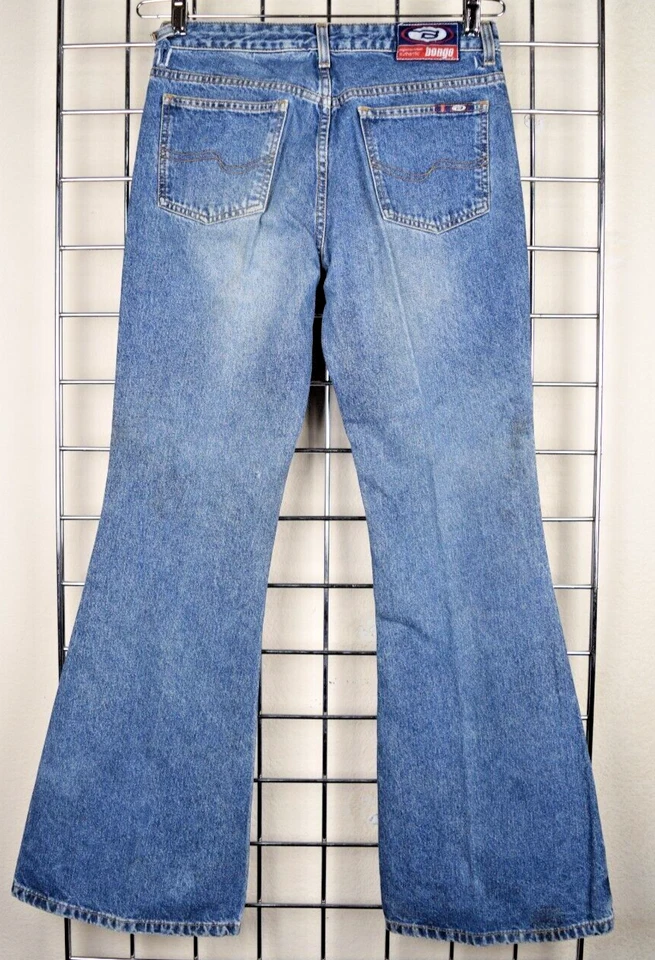 Vintage Bongo Jeans W28 L30 90s Med Blue Wash Studded Side Stripes Flare Leg - Image 3 of 4