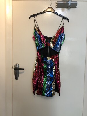 multi strappy plunge extreme split sequin bodycon dress Pretty Little Thing Multi-Strappy ExtremeSplit 6BNWT Corset Back Dress