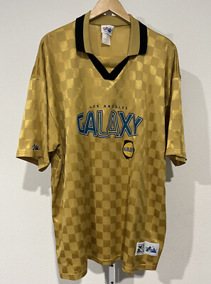Vintage Majestic MLS LA Galaxy Gold Checkered Futbol Soccer Jersey XXL 