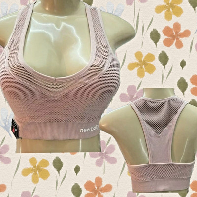 New Balance L Pink Logo Mesh Medium Impact Removable Pads Racerback Sports Bra